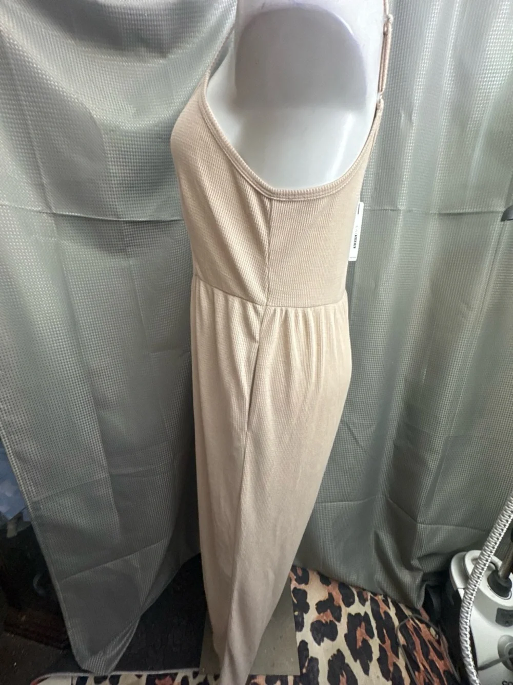 Beige Ribbed Spaghetti-Strap Jumpsuit